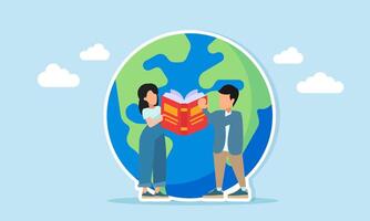 Young man and woman reading books near a globe illustration of expanding knowledge and literacy vector