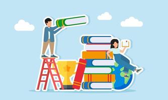 a man try to stack books with the help of a ladder while a woman reads a book sit on a globe near a pile of books and a trophy illustration of the importance of insight and literacy vector