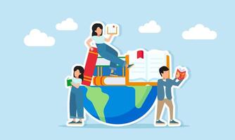 Young man and woman reading books together around a stack of books placed on half of a globe illustration of increasing literacy and knowledge related to global encyclopedia vector