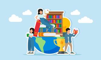 Several young people reading books around a half globe with a stack of books whiteboard trophy lamp and bookshelf illustration of seeking literacy for ideas and inspiration vector