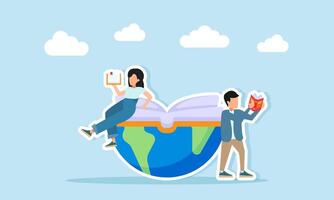 Young man and woman reading books around half of a globe with an open book illustration of expanding knowledge and literacy related to global encyclopedia vector
