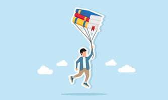 Young man floating in the sky holding a string connected to a book like a balloon illustration of the importance of insight and literacy vector