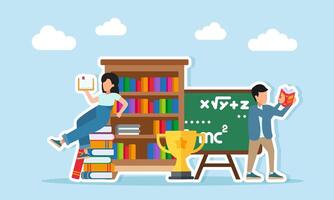 Young man and woman reading books near a stack of books whiteboard trophy and bookshelf illustration of finding references and literacy about math or physics vector