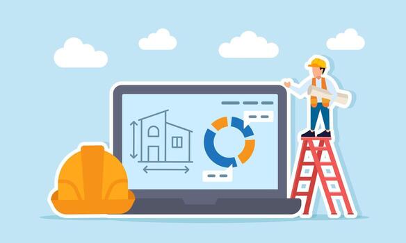 Engineer carrying paperwork walking up stairs near a safety helmet and a laptop showing project progress chart as an illustration of infrastructure construction progress presentation vector