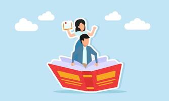 Young man and woman standing on an open book illustration of increasing literacy and expanding knowledge vector