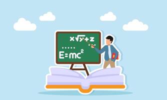 Professor teaching formula on blackboard near open book holding stick and book illustration of sharing knowledge gained through reading vector