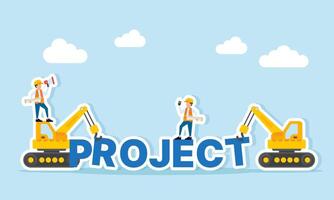 Engineers and heavy machinery assembling the word PROJECT as a visual representation of construction and teamwork project overview vector