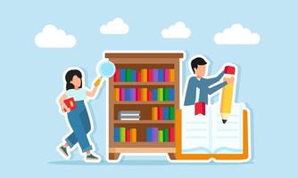 Young woman hold a book and magnifying glass observing bookshelf while young man writes in a notebook with pencil illustration of research and reference for writing reports or books vector