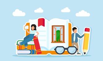 Young woman reading on a stack of books while a young man holds a pencil near glasses and an open book with a window ornament illustration of gaining insight to write a book vector