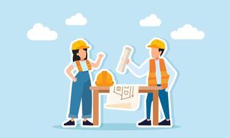 Male and female engineers discussing near a table with paperwork and safety helmets as an illustration of a building infrastructure progress discussion session vector