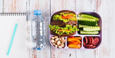 Lunchbox with sandwich, chorizo, cucumber and peach, bottle of water top view web banner photo