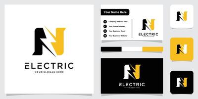 Initial N Letter with Lightning Bolt Logo Design with business card design . vector