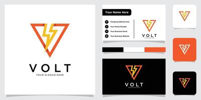 Letter V logo with thunderbolt in negative space with business card design. vector