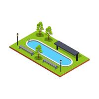 Poolside park with greenery and benches vector