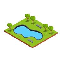 Isometric garden pool with trees vector