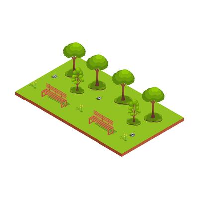 Park benches with green trees