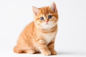 Adorable orange and white tabby kitten against a white background with area for text or design photo