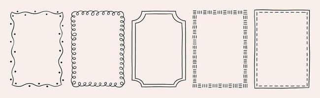 Set of five rectangular frames with decorative doodle borders. Hand drawn illustration vector