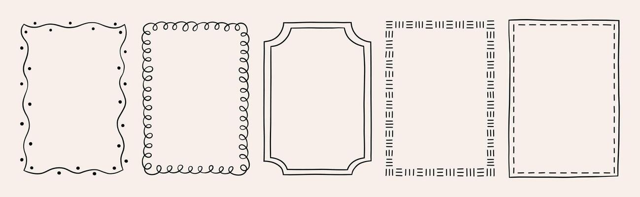 Set of five rectangular frames with decorative doodle borders. Hand drawn illustration