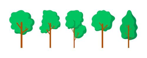 collection of flat tree illustrations with green foliage, perfect for nature, forest, or landscape design. vector