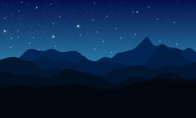 peaceful night landscape with layered mountains and sparkling stars in a deep blue sky