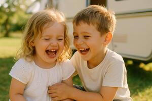 Joyful siblings laughing by camper on a sunny day photo