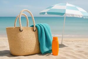 Beach day essentials straw bag, towel, sunscreen, and umbrella set against a tranquil sea background photo