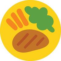 A stylized meal icon featuring a grilled steak with grill marks, orange carrots, and green broccoli, all arranged on a yellow circular plate. vector