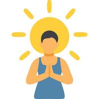 Flat illustration of a woman in a peaceful meditative pose, illuminated by a bright sunburst, symbolizing inner peace and enlightenment. vector