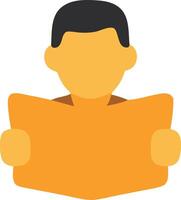Stylized person with dark hair and light skin tone reading an open orange book. The person's face is not visible. vector
