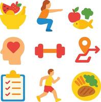 A collection of flat icons depicting various aspects of a healthy lifestyle, including fruit, exercise, and nutrition. vector