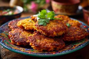 Tasty Crispy Veggie Fritters on Vibrant Plate for Delicious Appetizer photo