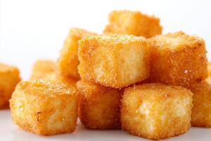 Tasty Crispy Tofu Bites Served on White Background for Food Display photo