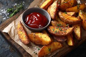 Tasty golden potato wedges with fiery spicy ketchup ready to eat on white background photo