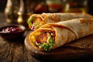 Tasty falafel wrap with fried falafel balls and fresh vegetables on white background photo