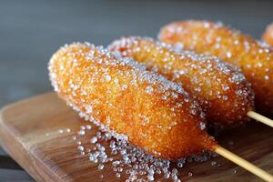 Tasty Fried Korean Corn Dog with Sugar Crust in Studio Food Presentation photo