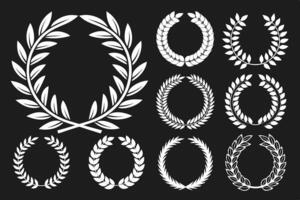 Elegant Collection of White Laurel Wreaths Circular, Classic, Award-Winning Design Elements on Black Background - Professional digital artwork with vibrant colors and detailed composition vector