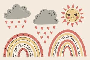 Adorable Hand-Drawn Rainbows, Clouds, and a Smiling Sun A Sweet and Cheerful Childrens Illustration - Professional digital artwork with vibrant colors and detailed composition vector