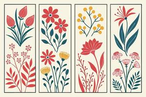 Serene Mid-Century Modern Floral Art Print Four Panels of Elegant Botanical Illustrations in Red, Yellow, and Teal vector