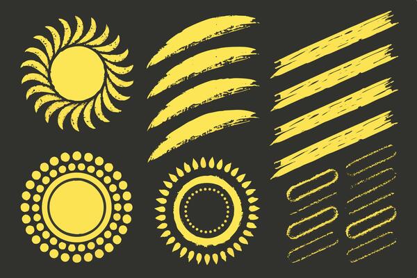 Collection of Vibrant Yellow Sunburst and Grunge Brush Stroke Design Elements on Dark Background - Professional digital artwork with vibrant colors and detailed composition