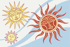Three Serene Suns with Faces, Vibrant Celestial Artwork Against a Calm Blue Sky Background, Illustrative Style vector