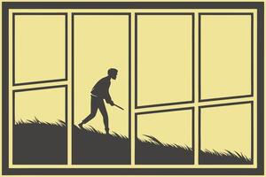 Mysterious Silhouette of Man with Tool Approaching Window at Dusk in a Suspenseful Scene - Professional digital artwork with vibrant colors and detailed composition vector
