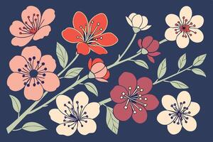 Serene Blossom Branch A Delightful Illustration of Pink, Red, and White Flowers on a Dark Blue Background vector
