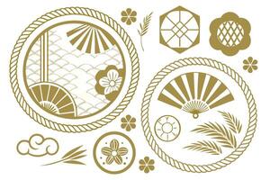 Elegant Gold Japanese Design Elements Fans, Flowers, and Waves in Serene White Background - Professional digital artwork with vibrant colors and detailed composition vector