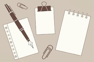 Serene Workspace Elegant Flatlay of Blank Paper, Fountain Pen, and Paperclips, Ready for Note-Taking and Creative Writing vector