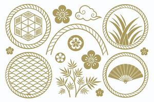 Elegant Gold Japanese Design Elements Serene Floral, Geometric, and Nature-Inspired Motifs on White Background - Professional digital artwork with vibrant colors and detailed composition vector