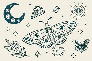 Mystical Celestial Moth Illustration Enchanting Line Art of Butterfly, Moon, Stars, and Crystals in a Dreamy, Dark Teal Aesthetic vector
