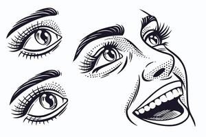Joyful Womans Face Close-up Detailed Ink Drawing of Eyes, Nose, and Open Mouth Smiling in a Vintage Style vector