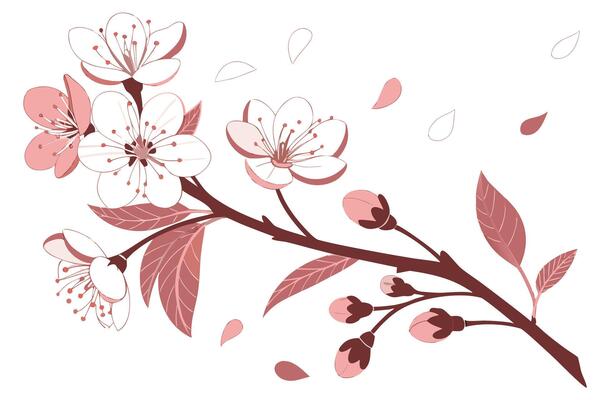 Serene Pink Cherry Blossom Branch with Falling Petals Delicate Springtime Floral Illustration - Professional digital artwork with vibrant colors and detailed composition