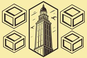 Majestic Lighthouse Illustration with Geometric Cubes, Coastal Scene, Vintage Style, Nautical Theme, Retro Design, Serene Atmosphere, Graphic Art, Stylish Image vector